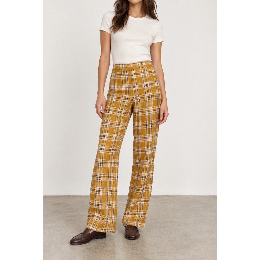 Reformation Plaid Linen Pants Women 2 Mustard Yellow Straight Leg Cottagecore